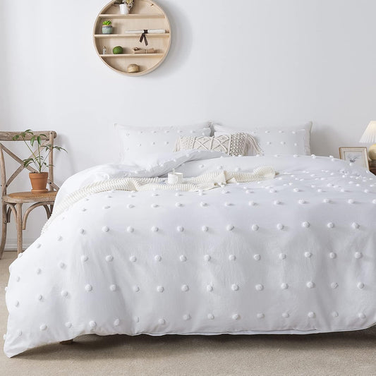 White Tufted Dot Duvet Cover Twin Size (66X90 Inch), 2 Pieces (1 Jacquard Duvet Cover, 1 Pillowcase) All Season Soft Washed Microfiber Duvet Cover Set with Zipper Closure, Corner Ties